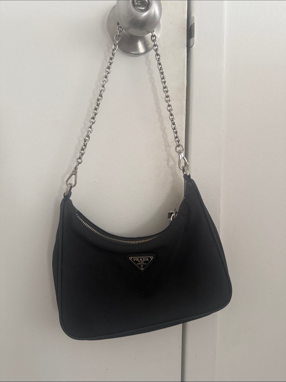 FAUX Prada Black Nylon Shoulder Bag with Silver Chain